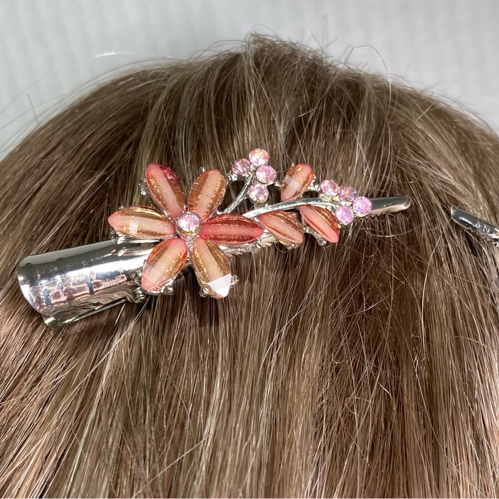 Crystal Floral Beaded Alligator Hair Clips Set Of Two Pink Silver Tone NEW - Picture 4 of 7